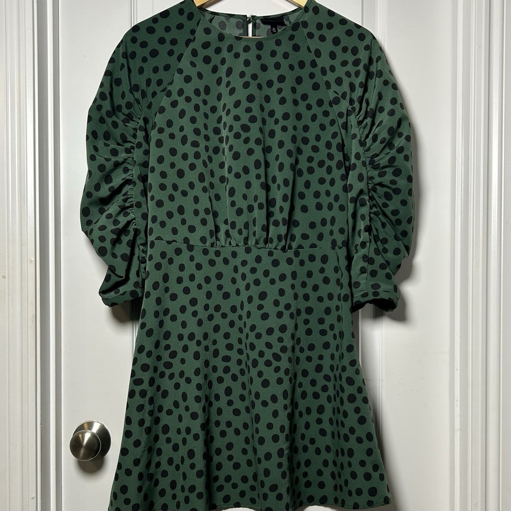 Who What Wear Green Polka Dot Ruched Puff‎ Sleeve Mini Dress Dark Academia Style